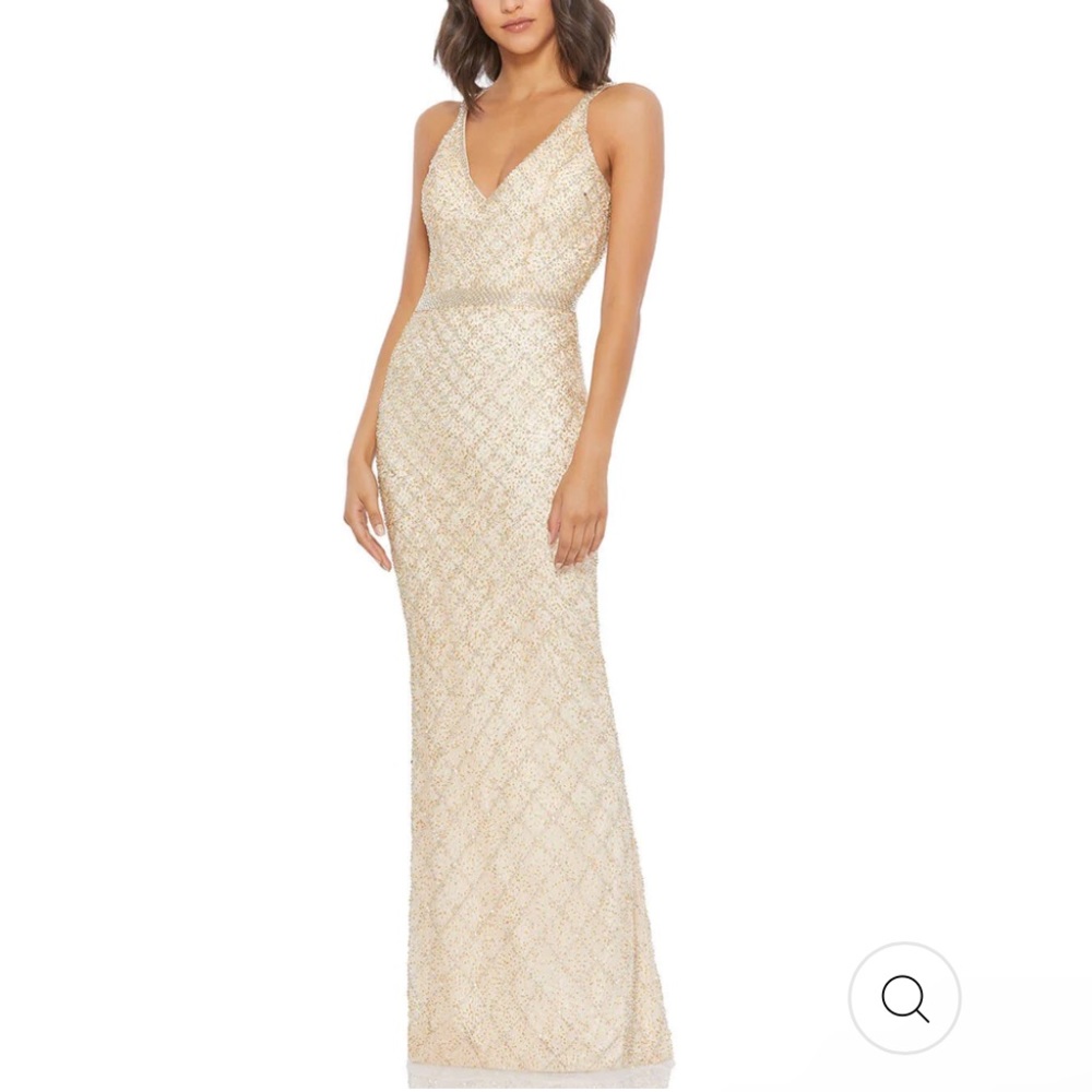 Mac Duggal 4 Nude Lattice Pattern Beaded Maxi Gown NWT Criss Cross Open Back